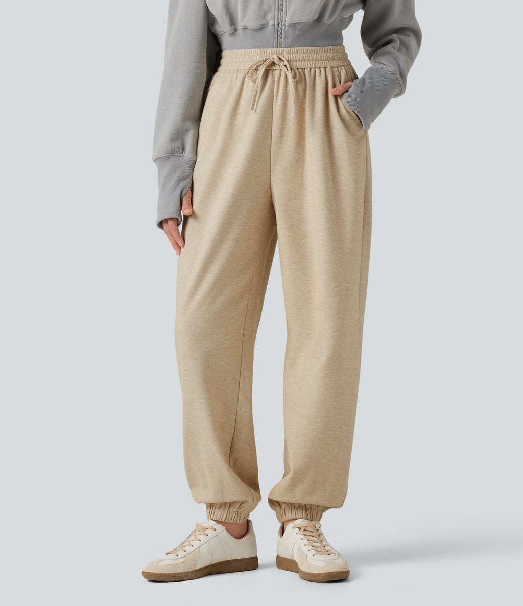 High Waisted Drawstring Casual Joggers with Pockets — Wood Ash — view 1