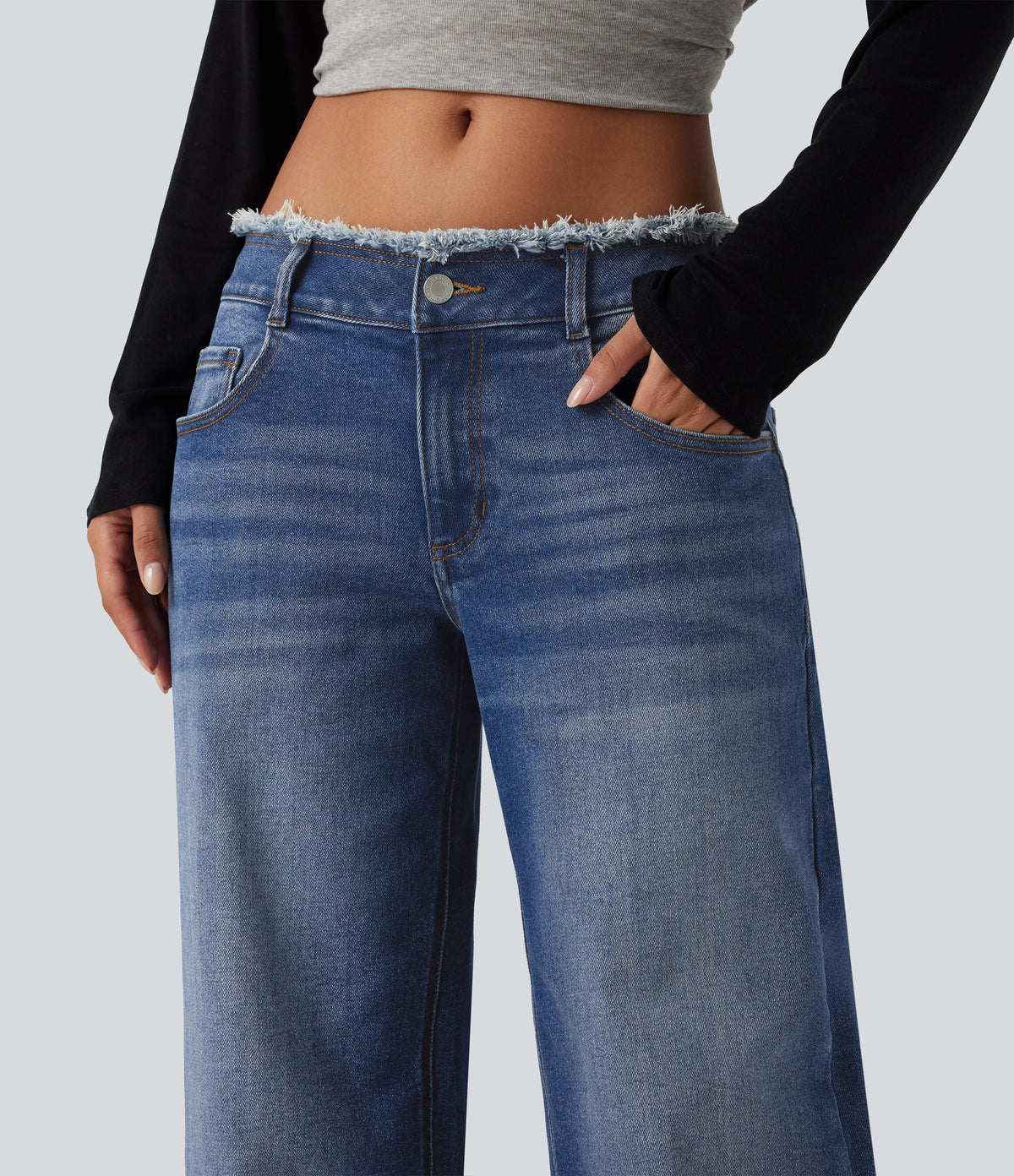 Low Rise Raw Hem Wide Leg Casual Jeans with Pockets — Zenith Blue — view 5