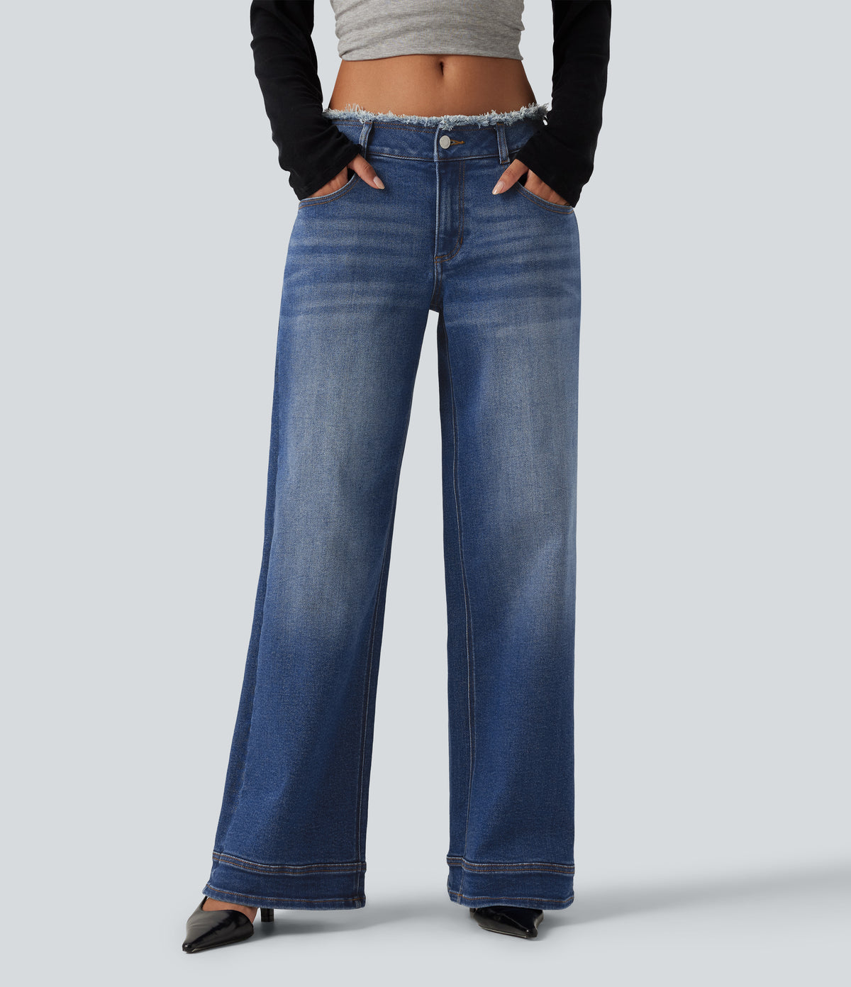Low Rise Raw Hem Wide Leg Casual Jeans with Pockets — Zenith Blue — view 1