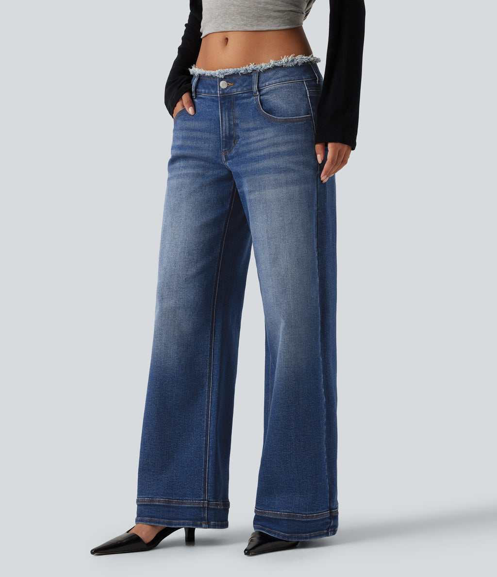 Low Rise Raw Hem Wide Leg Casual Jeans with Pockets — Zenith Blue — view 3