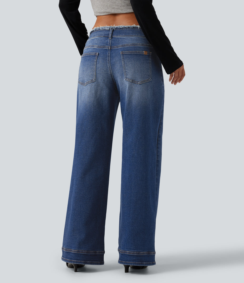Low Rise Raw Hem Wide Leg Casual Jeans with Pockets — Zenith Blue — view 2