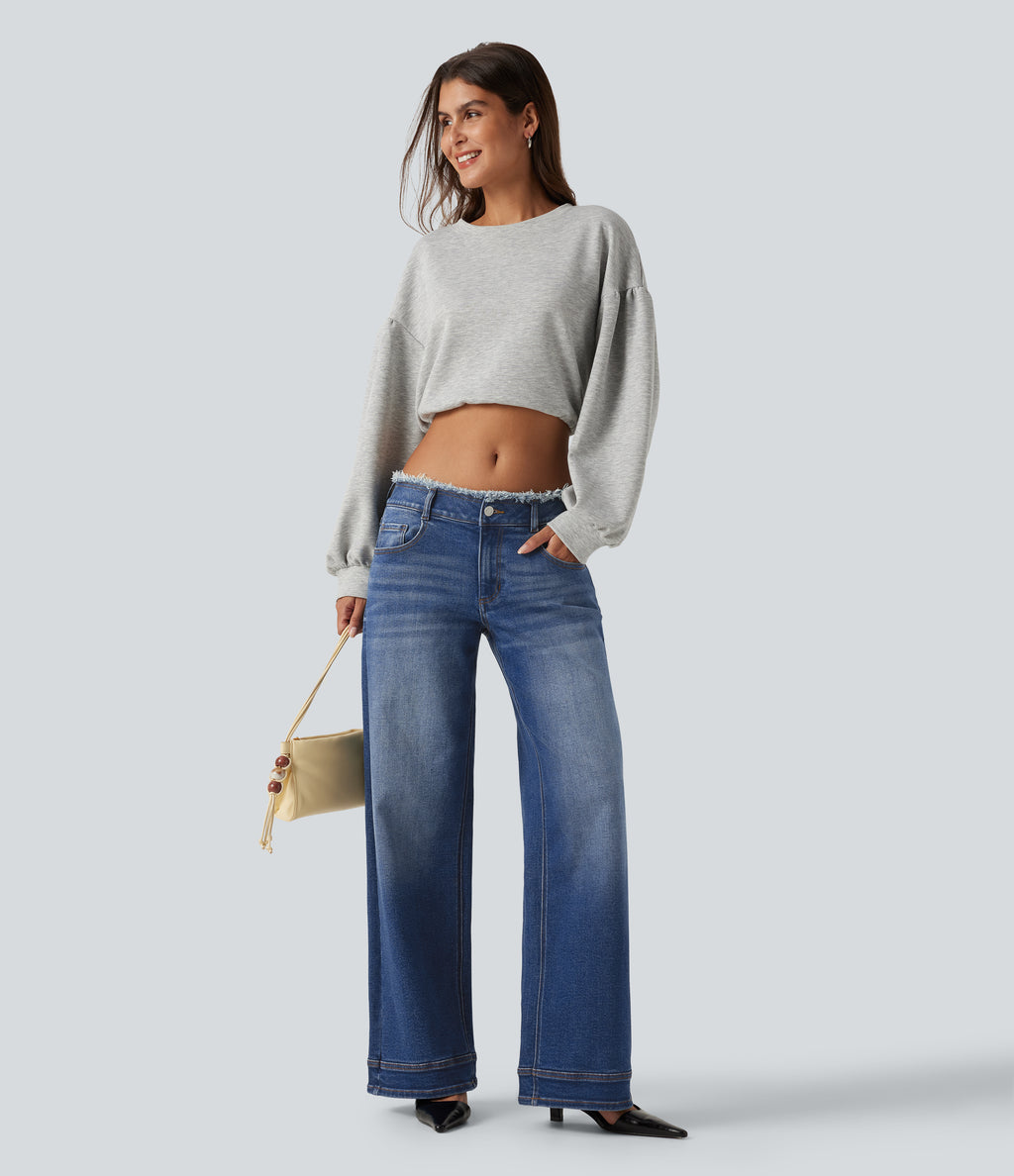 Low Rise Raw Hem Wide Leg Casual Jeans with Pockets — Zenith Blue — view 4