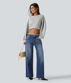 Low Rise Raw Hem Wide Leg Casual Jeans with Pockets — Zenith Blue — view 4