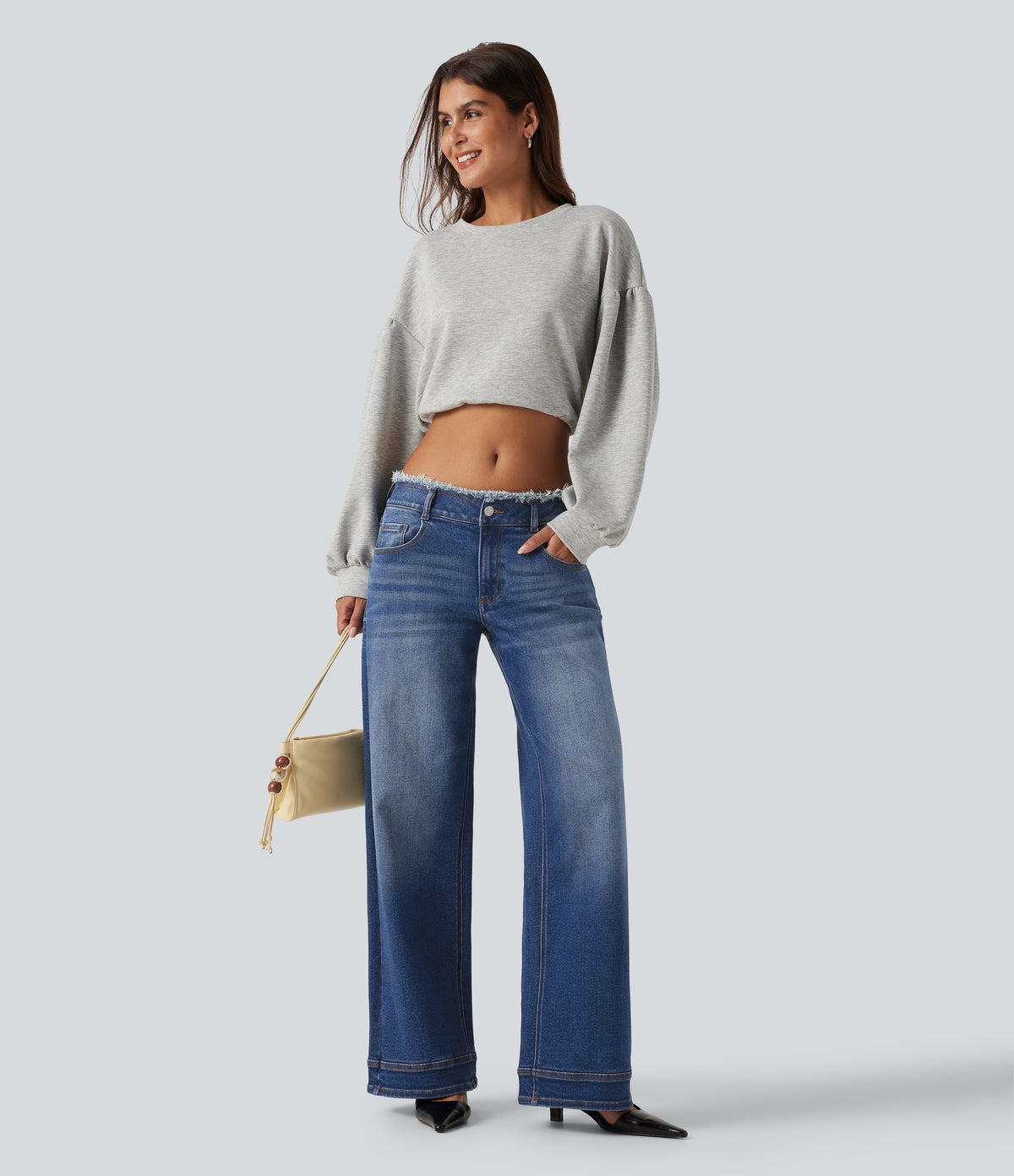 Low Rise Raw Hem Wide Leg Casual Jeans with Pockets — Zenith Blue — view 4
