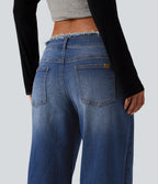 Low Rise Raw Hem Wide Leg Casual Jeans with Pockets — Zenith Blue — view 6