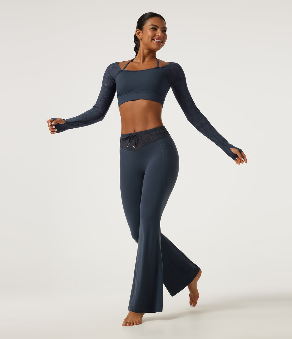Mid Rise Drawstring Contrast Lace Flare Yoga Leggings with Pockets — Carbon — view 7