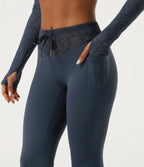 Mid Rise Drawstring Contrast Lace Flare Yoga Leggings with Pockets — Carbon — view 5