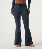 Mid Rise Drawstring Contrast Lace Flare Yoga Leggings with Pockets — Carbon — view 1