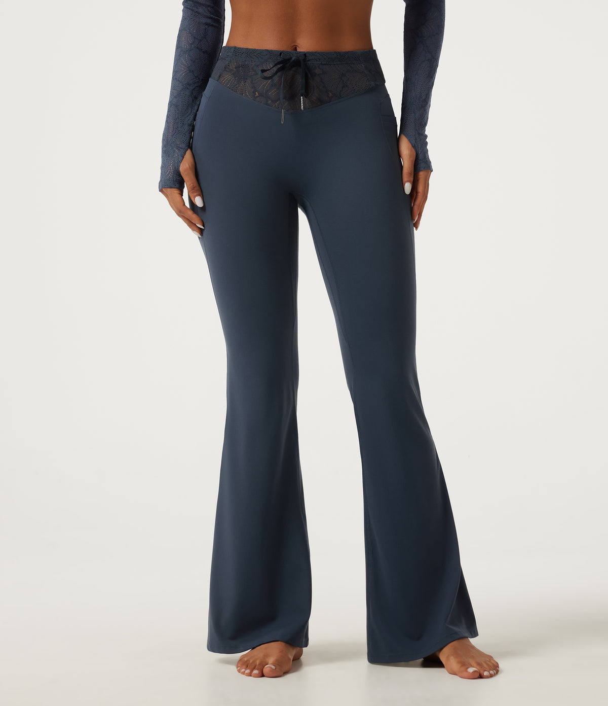 Mid Rise Drawstring Contrast Lace Flare Yoga Leggings with Pockets — Carbon — view 1
