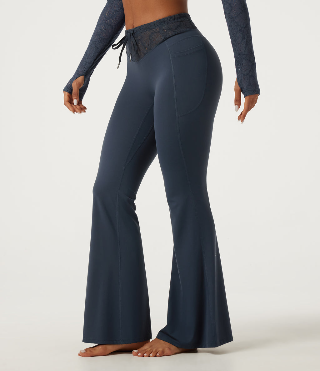 Mid Rise Drawstring Contrast Lace Flare Yoga Leggings with Pockets — Carbon — view 3