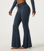 Mid Rise Drawstring Contrast Lace Flare Yoga Leggings with Pockets — Carbon — view 3