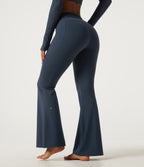 Mid Rise Drawstring Contrast Lace Flare Yoga Leggings with Pockets — Carbon — view 2