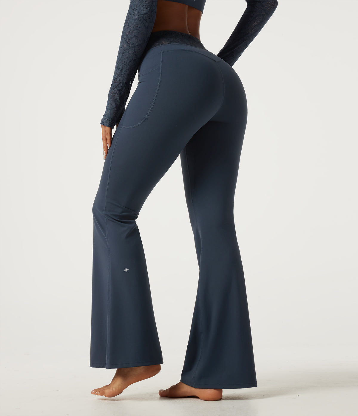 Mid Rise Drawstring Contrast Lace Flare Yoga Leggings with Pockets — Carbon — view 2