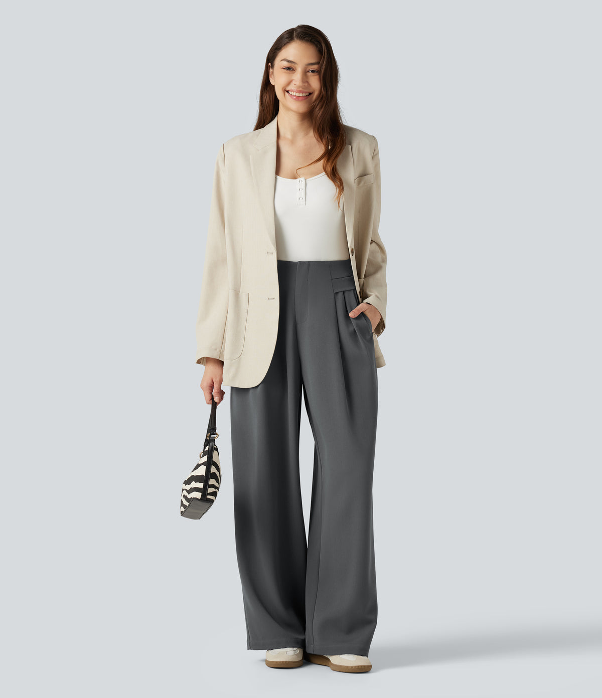 High Waisted Baggy Work Trousers with Pockets — Poppy Seed — view 6