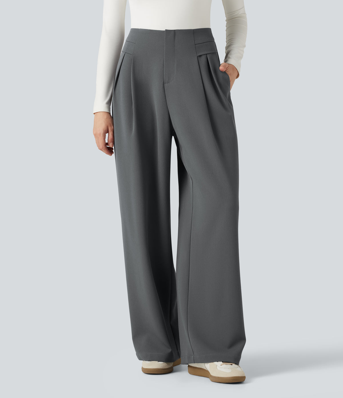 High Waisted Baggy Work Trousers with Pockets — Poppy Seed — view 2