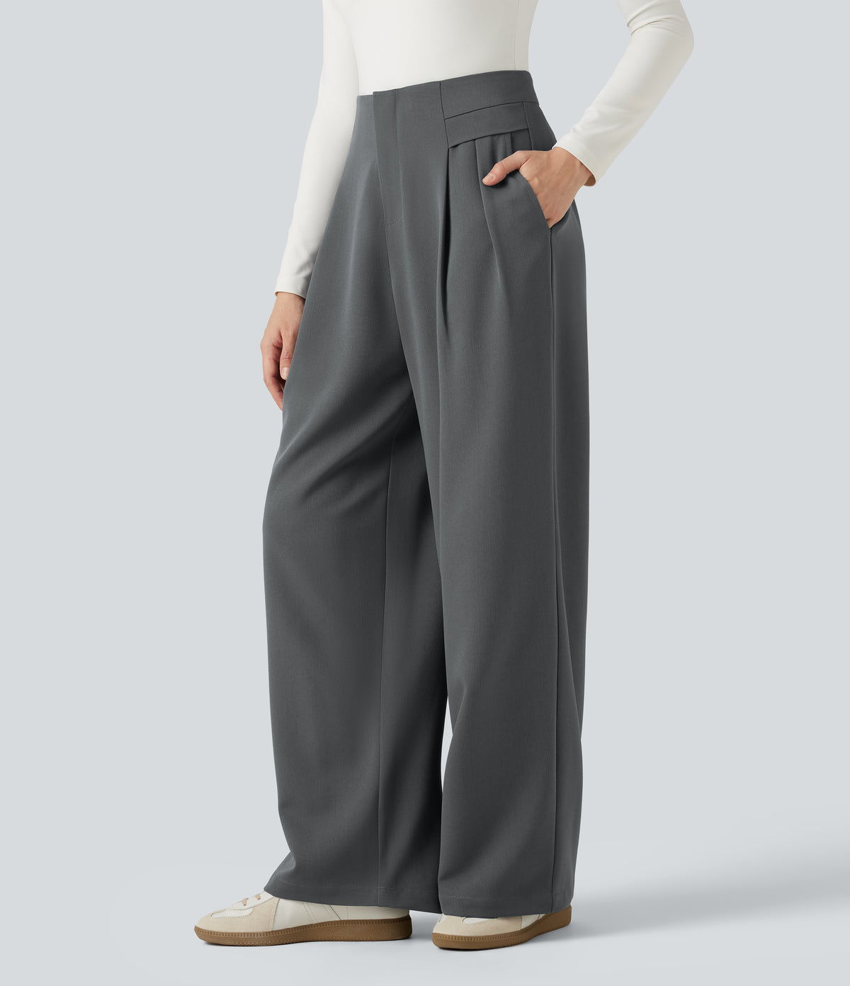 High Waisted Baggy Work Trousers with Pockets — Poppy Seed — view 1