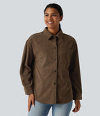 Long Sleeve Curved Hem Corduroy Casual Shirt Jacket with Pocket — Maple Bark — view 4