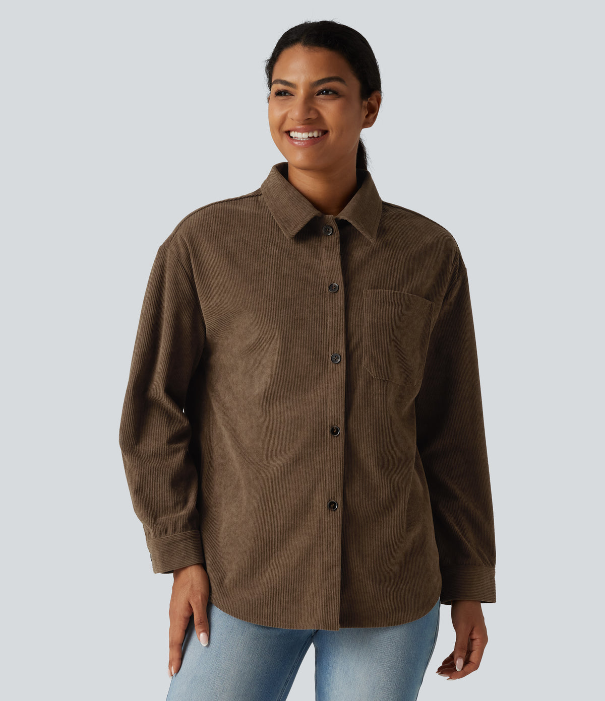 Long Sleeve Curved Hem Corduroy Casual Shirt Jacket with Pocket — Maple Bark — view 4
