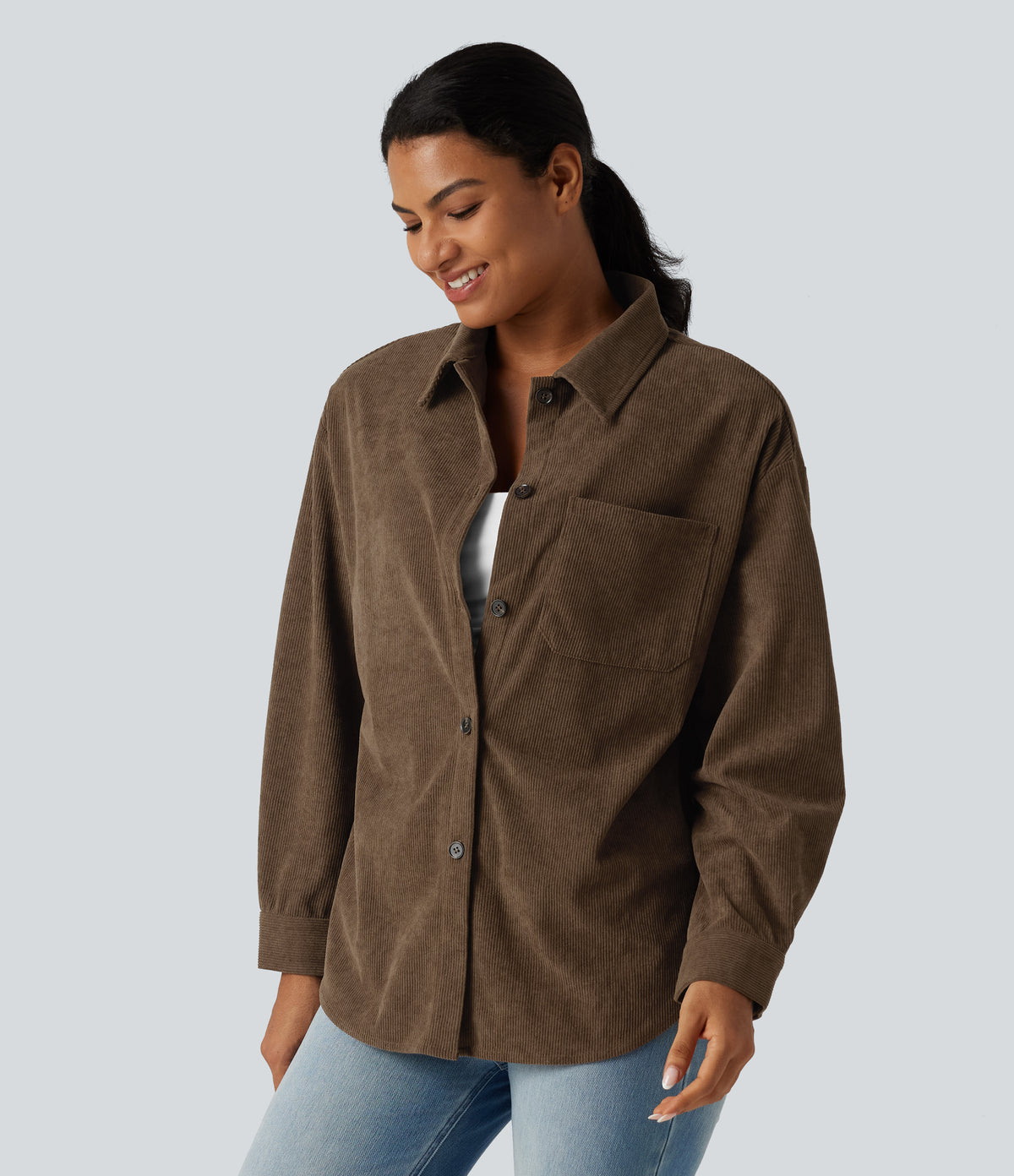 Long Sleeve Curved Hem Corduroy Casual Shirt Jacket with Pocket — Maple Bark — view 3