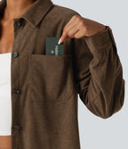 Long Sleeve Curved Hem Corduroy Casual Shirt Jacket with Pocket — Maple Bark — view 5