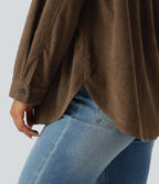 Long Sleeve Curved Hem Corduroy Casual Shirt Jacket with Pocket — Maple Bark — view 6