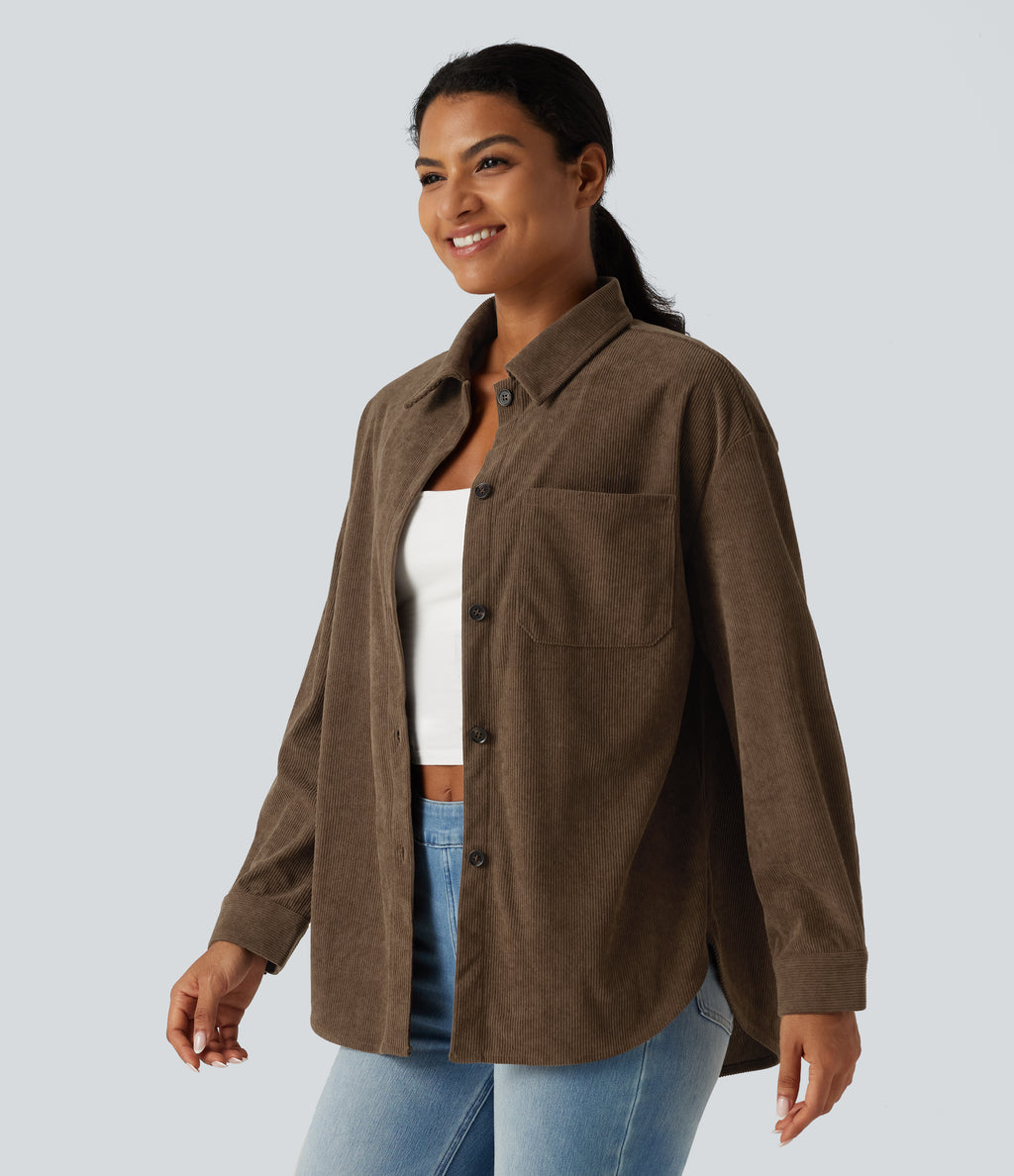 Long Sleeve Curved Hem Corduroy Casual Shirt Jacket with Pocket — Maple Bark — view 8