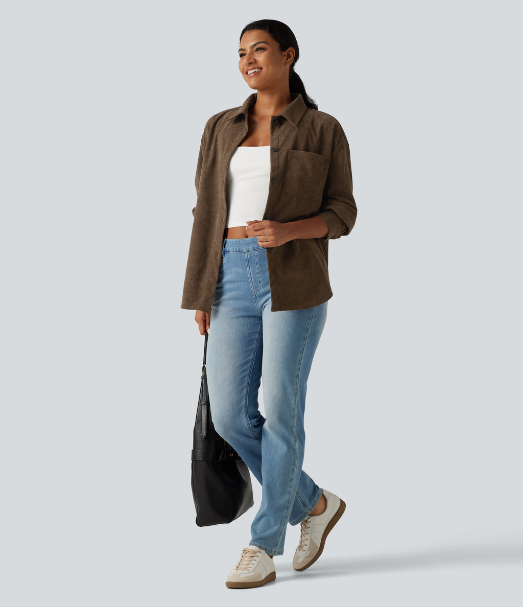 Long Sleeve Curved Hem Corduroy Casual Shirt Jacket with Pocket — Maple Bark — view 7