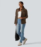 Long Sleeve Curved Hem Corduroy Casual Shirt Jacket with Pocket — Maple Bark — view 7
