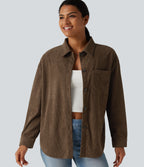Long Sleeve Curved Hem Corduroy Casual Shirt Jacket with Pocket — Maple Bark — view 1