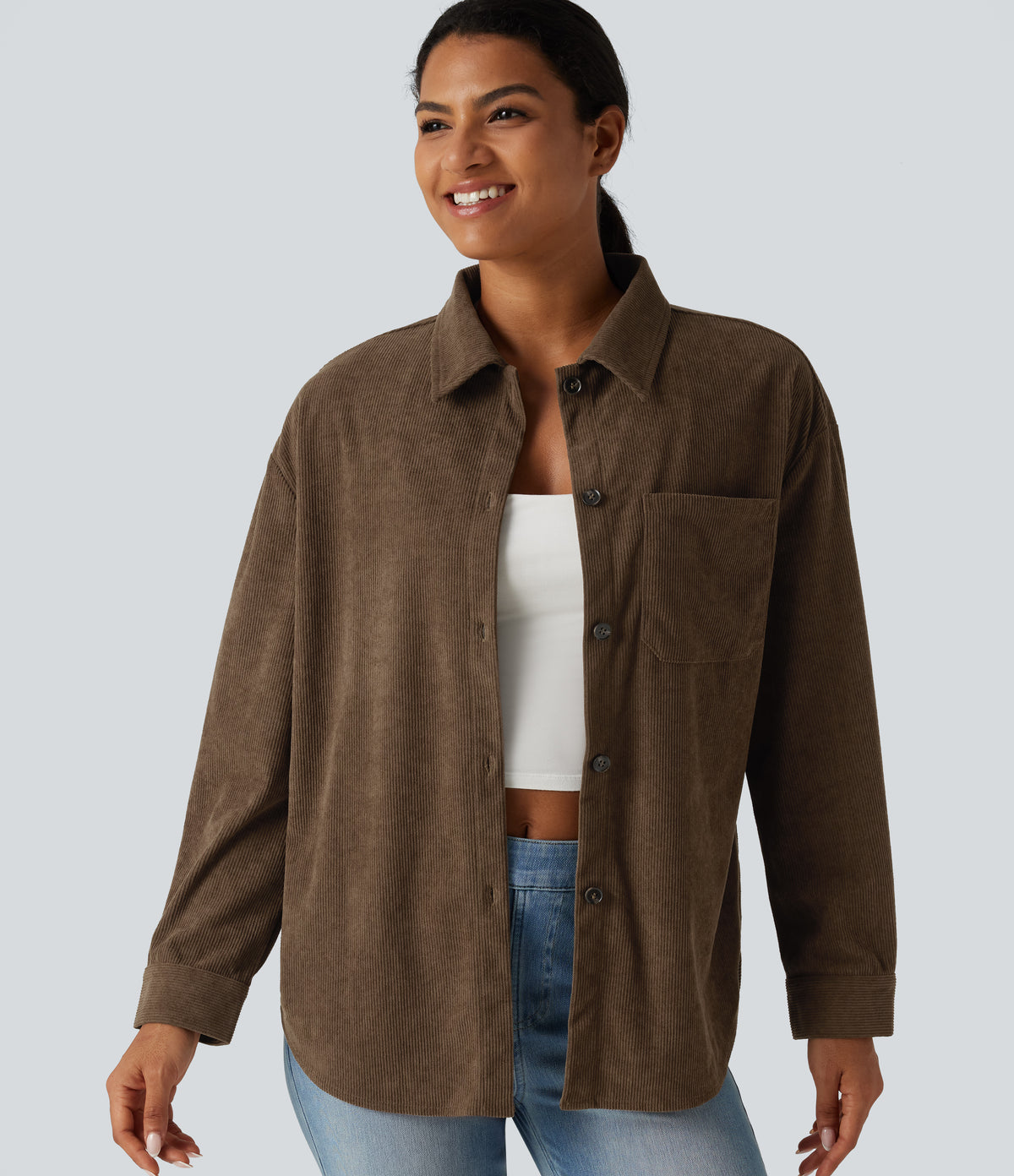 Long Sleeve Curved Hem Corduroy Casual Shirt Jacket with Pocket — Maple Bark — view 1
