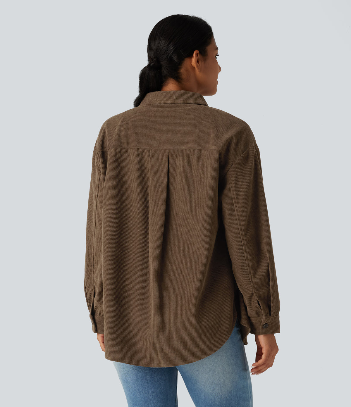Long Sleeve Curved Hem Corduroy Casual Shirt Jacket with Pocket — Maple Bark — view 2