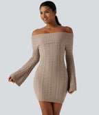 Off Shoulder Bell Long Sleeve Bodycon Mini Casual Sweater Dress — Warm Taupe — view 7