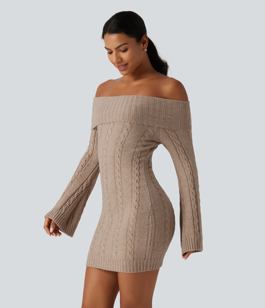 Off Shoulder Bell Long Sleeve Bodycon Mini Casual Sweater Dress — Warm Taupe — view 3