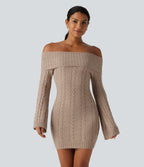Off Shoulder Bell Long Sleeve Bodycon Mini Casual Sweater Dress — Warm Taupe — view 1