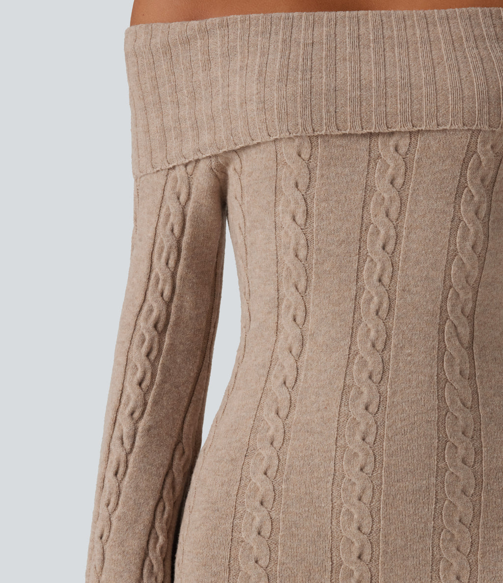 Off Shoulder Bell Long Sleeve Bodycon Mini Casual Sweater Dress — Warm Taupe — view 4