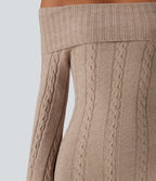 Off Shoulder Bell Long Sleeve Bodycon Mini Casual Sweater Dress — Warm Taupe — view 4