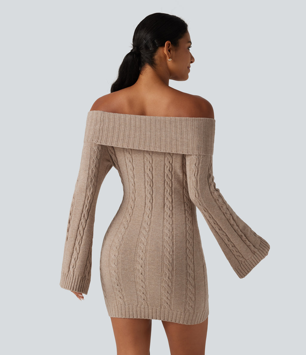 Off Shoulder Bell Long Sleeve Bodycon Mini Casual Sweater Dress — Warm Taupe — view 2