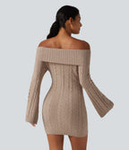 Off Shoulder Bell Long Sleeve Bodycon Mini Casual Sweater Dress — Warm Taupe — view 2