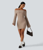 Off Shoulder Bell Long Sleeve Bodycon Mini Casual Sweater Dress — Warm Taupe — view 6