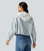 Hooded Long Sleeve Open Front Casual Jacket with Pockets — Skywriting — view 2