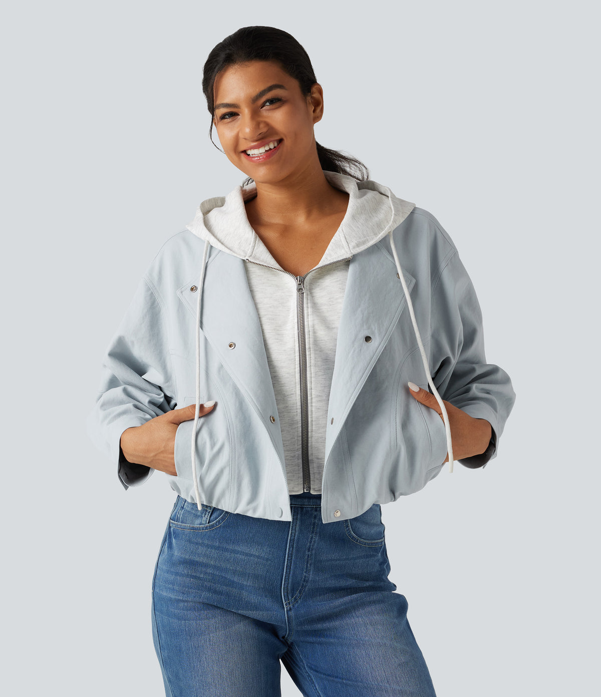 Hooded Long Sleeve Open Front Casual Jacket with Pockets — Skywriting — view 1
