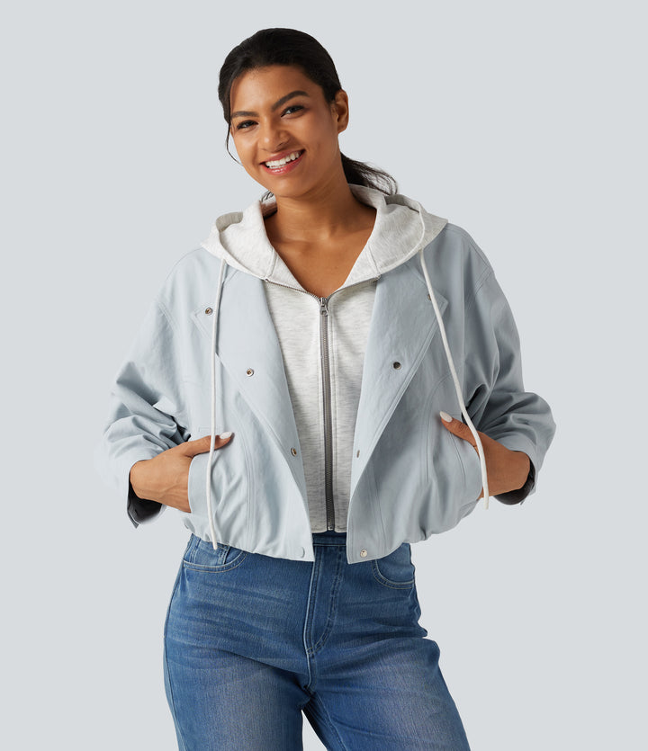 Hooded Long Sleeve Open Front Casual Jacket with Pockets — Skywriting — view 1