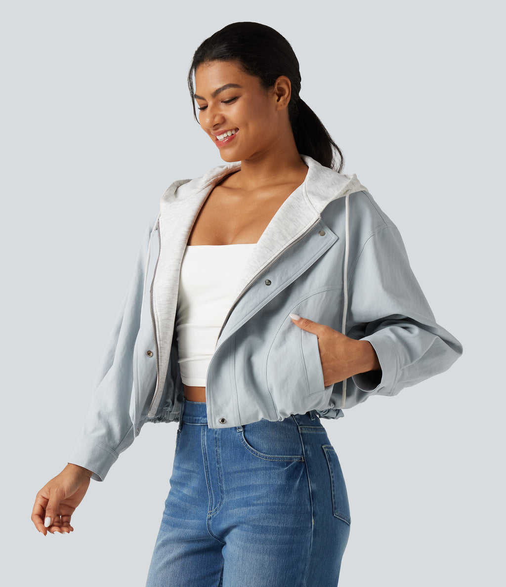 Hooded Long Sleeve Open Front Casual Jacket with Pockets — Skywriting — view 3