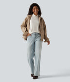 Cowl Neck Long Sleeve Relaxed Casual T-Shirt — Rice Khaki — view 5