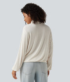 Cowl Neck Long Sleeve Relaxed Casual T-Shirt — Rice Khaki — view 2