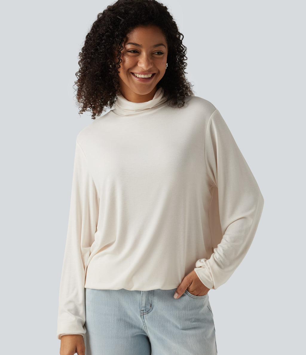 Cowl Neck Long Sleeve Relaxed Casual T-Shirt — Rice Khaki — view 1