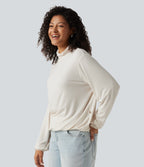 Cowl Neck Long Sleeve Relaxed Casual T-Shirt — Rice Khaki — view 3
