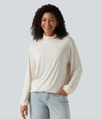 Cowl Neck Long Sleeve Relaxed Casual T-Shirt — Rice Khaki — view 4