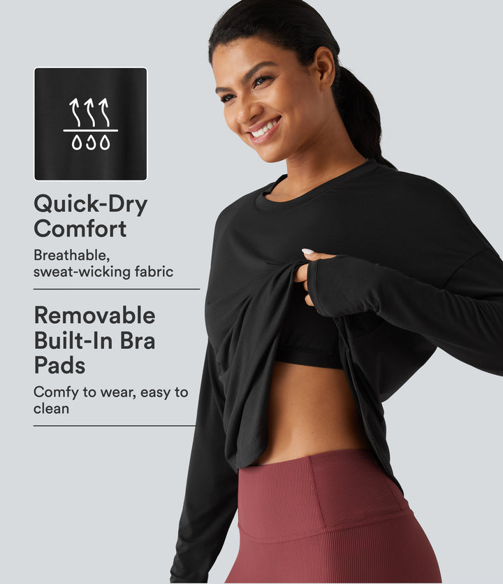 Round Neck Long Sleeve Thumb Hole Built-in Bra Quick Dry Yoga Sports Top — Black — view 1