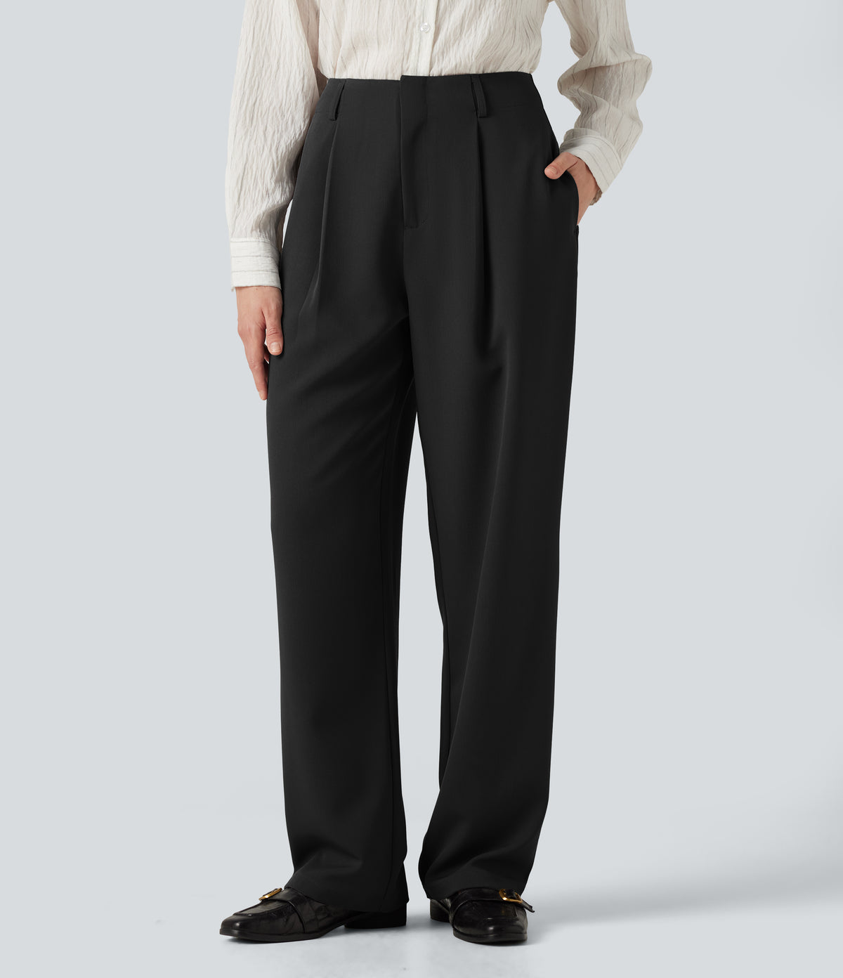 High Waisted Wide Leg Work Trousers with Pockets — Black — view 1